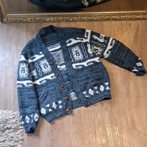 Womens Blue Patterned Alpaca Cardigan Sweater